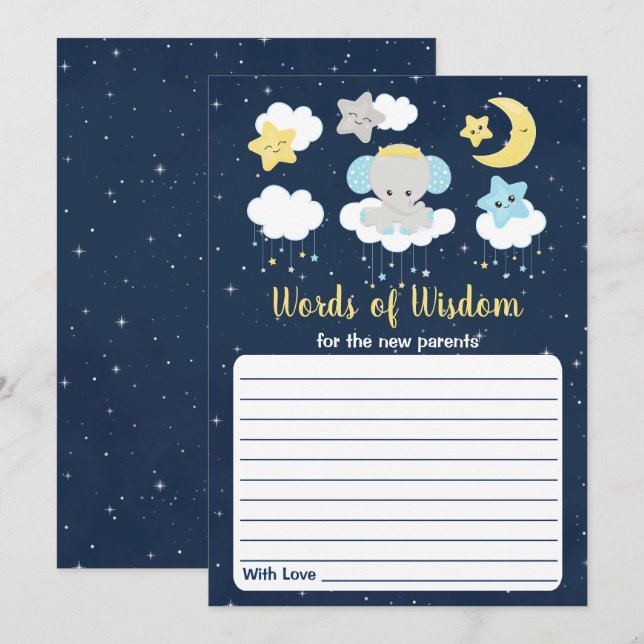 Elephant Gult Navy Baby Shower Ord of Wisdom Inbjudningar (Fram/baksida)