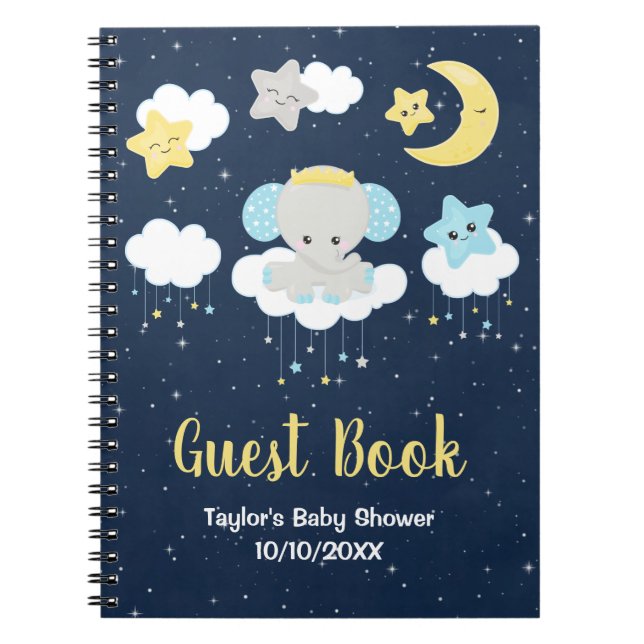 Elephant Gult och Navy Baby Shower Guest Bok Anteckningsbok (Framsidan)
