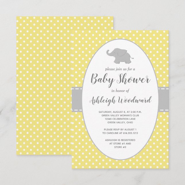 Elephant Gult Polka Dot Neutralt Baby Shower Inbjudningar (Fram/baksida)