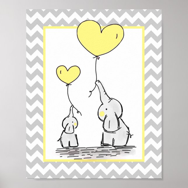 Elephant Gult White Grått Chevron Baby Nursery Poster (Framsidan)