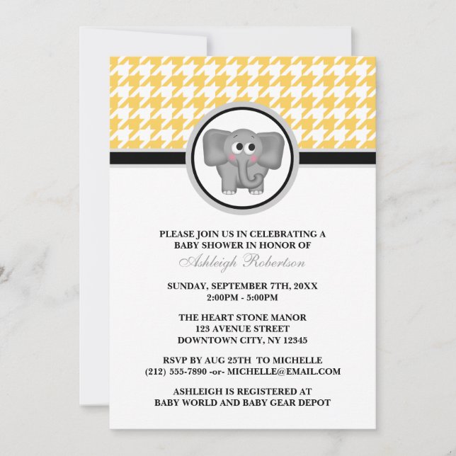 Elephant Gult & White Houndstooth Baby Shower Inbjudningar (Framsida)