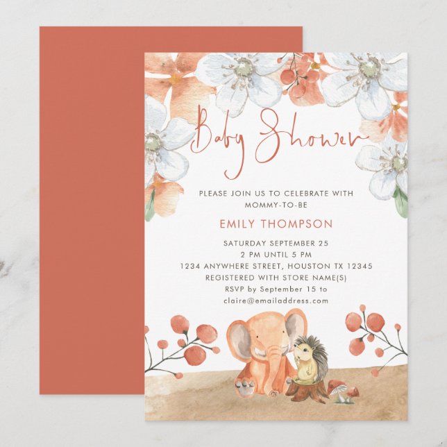 Elephant Hedgehog Blommigts Coral Girl Baby Shower Inbjudningar (Fram/baksida)