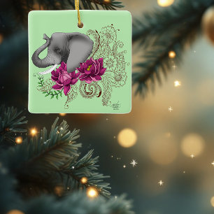 Elephant Henna Lotus Flowers Julgransprydnad Keramik