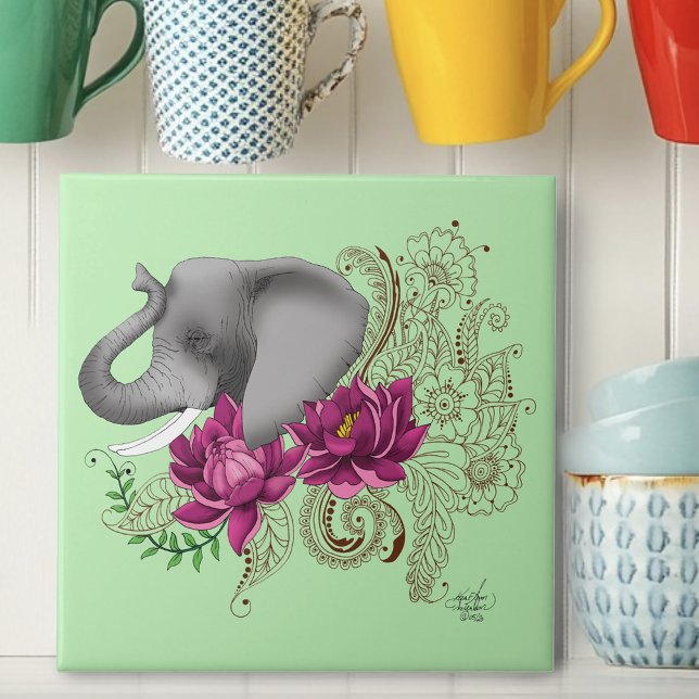Elephant Henna Lotus Flowers Kakelplatta (Skapare uppladdad)