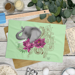 Elephant Henna Lotus Flowers Kökshandduk