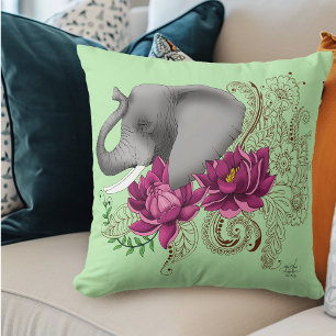 Elephant Henna Lotus Flwoers Kudde