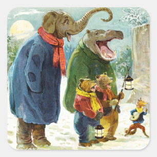 Elephant, Hippopotamus & Bears Go Caroling Fyrkantigt Klistermärke