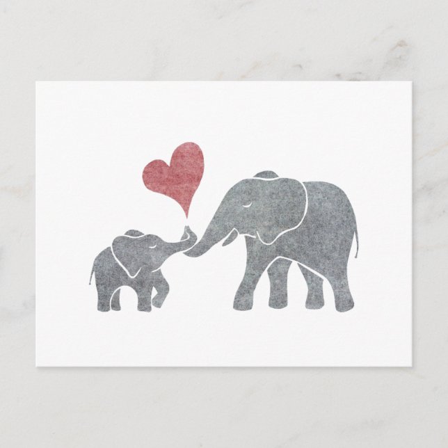Elephant Hugs Grått Mamma och Baby med Red Heart Vykort (Framsida)