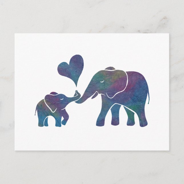 Elephant Hugs Rainbow Mamma och Baby med hjärta Vykort (Framsida)
