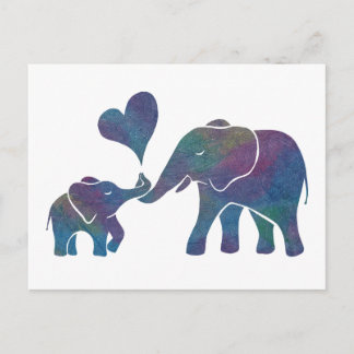 Elephant Hugs Rainbow Mamma och Baby med hjärta Vykort