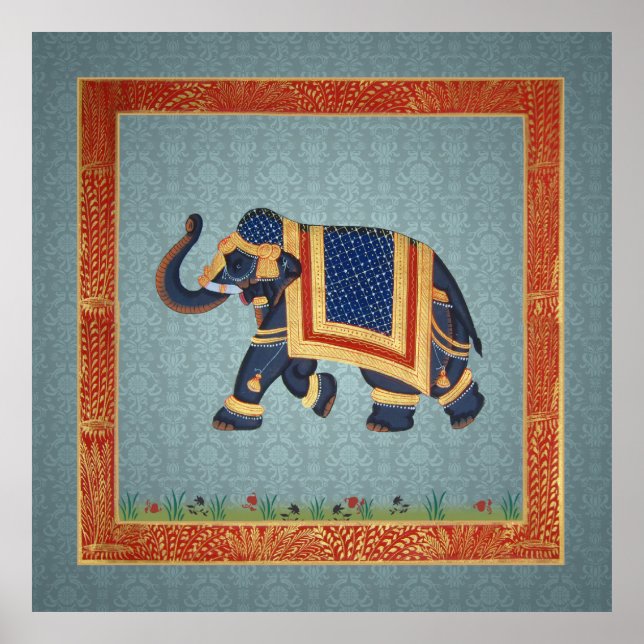 Elephant indian blue grått red guld Poster (Framsidan)