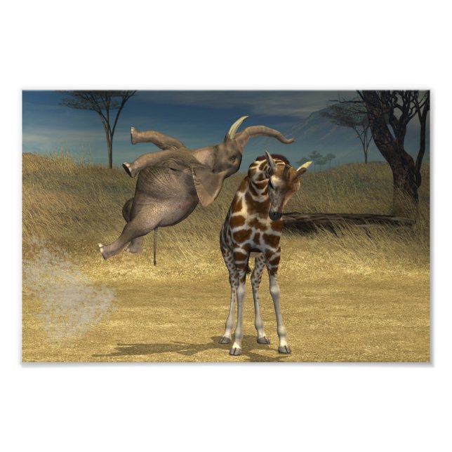 Elephant Jumps over Giraffe Fototryck (Framsidan)