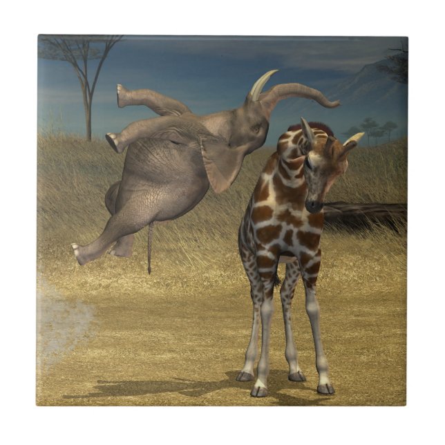 Elephant Jumps over Giraffe Kakelplatta (Framsidan)