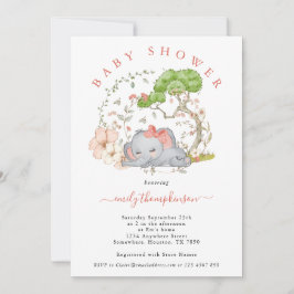 Elephant Jungle Foliage Coral Girl Baby Shower Inv Inbjudningar