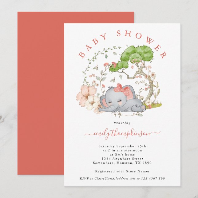Elephant Jungle Foliage Coral Girl Baby Shower Inv Inbjudningar (Fram/baksida)
