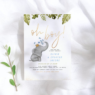 Elephant & Jungle Greenery Guld Oh Boy Baby Shower Inbjudningar