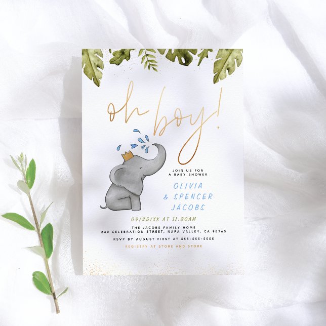 Elephant & Jungle Greenery Guld Oh Boy Baby Shower Inbjudningar (Skapare uppladdad)