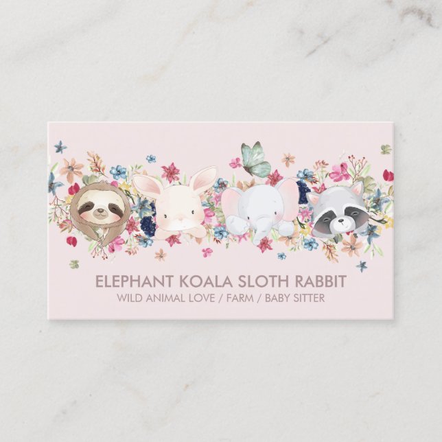 ELEPHANT KOALA SLOTH RABBIT BABY DJUR ROSA VISITKORT (Framsida)