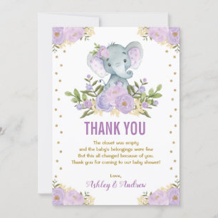 Elephant Lavender Lila Guld Blommigt Baby Shower Tack Kort