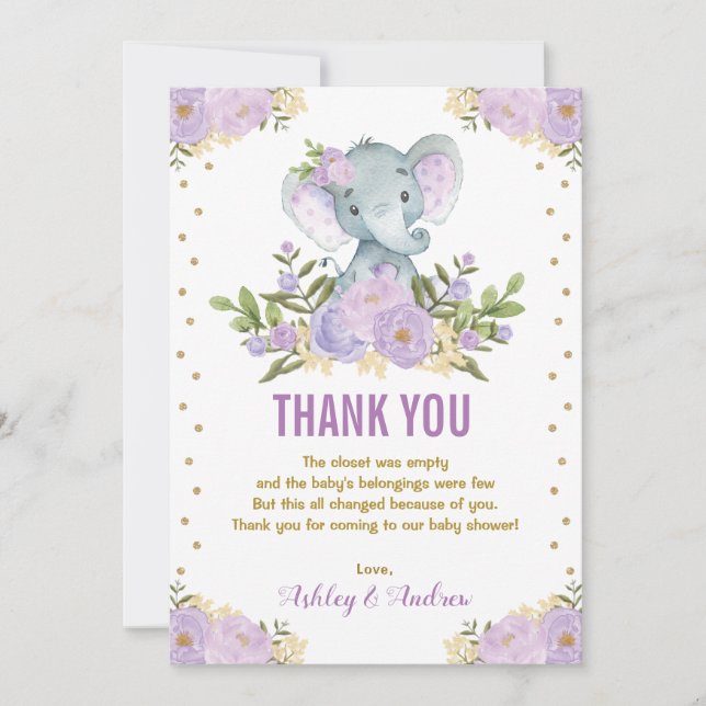 Elephant Lavender Lila Guld Blommigt Baby Shower Tack Kort (Framsida)