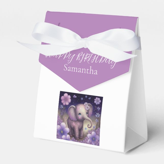 Elephant Lila blommor Birthday Favor Presentaskar (Framsidan Sidan)