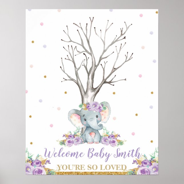 Elephant Lila Girl Baby Shower Thumbprint Träd Poster (Framsidan)