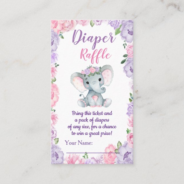 Elephant lila rosa Diaper Raffle Biljett Blommigt (Framsida)