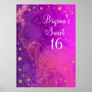 Elephant Lila Rosa Orange & Guld Party Banner Poster