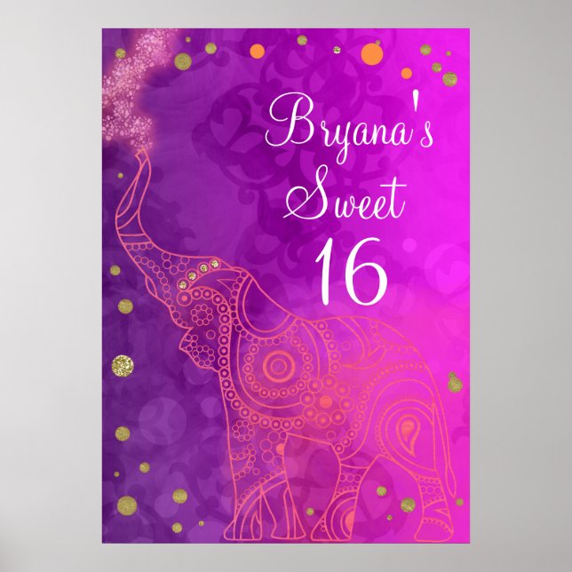 Elephant Lila Rosa Orange & Guld Party Banner Poster (Framsidan)