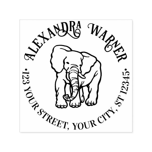 Elephant Line Art Round Namn Returadress Självfärgande Stämpel (Design)