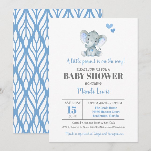 Elephant Little Peanut Boy Shower Inbjudningar (Fram/baksida)