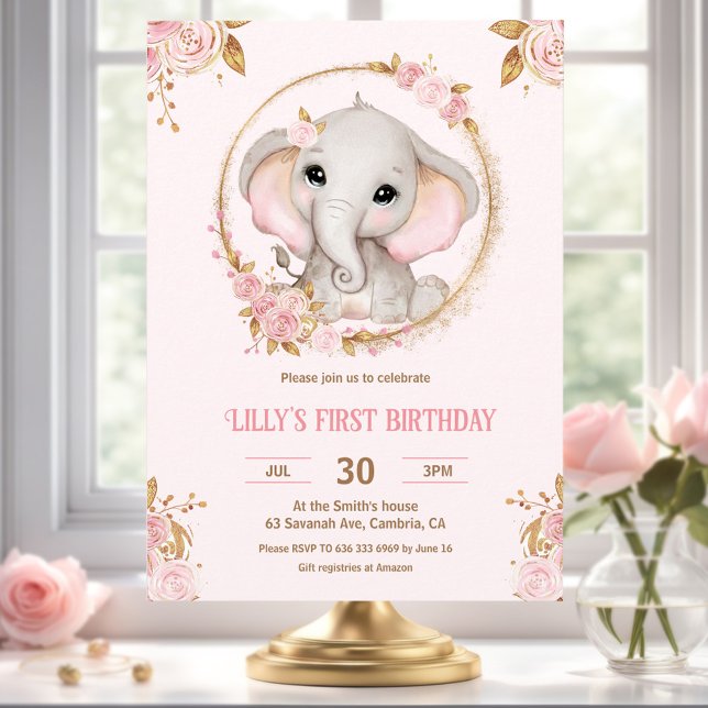 Elephant Little Peanut Rosa Girl 1 Birthday Inbjudningar (Elephant Little Peanut Pink Girl 1st Birthday Invitation)