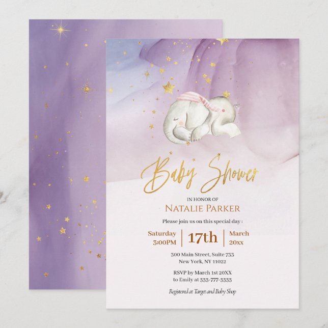 Elephant Little Star Watercolor Baby Shower Inbjudningar (Fram/baksida)
