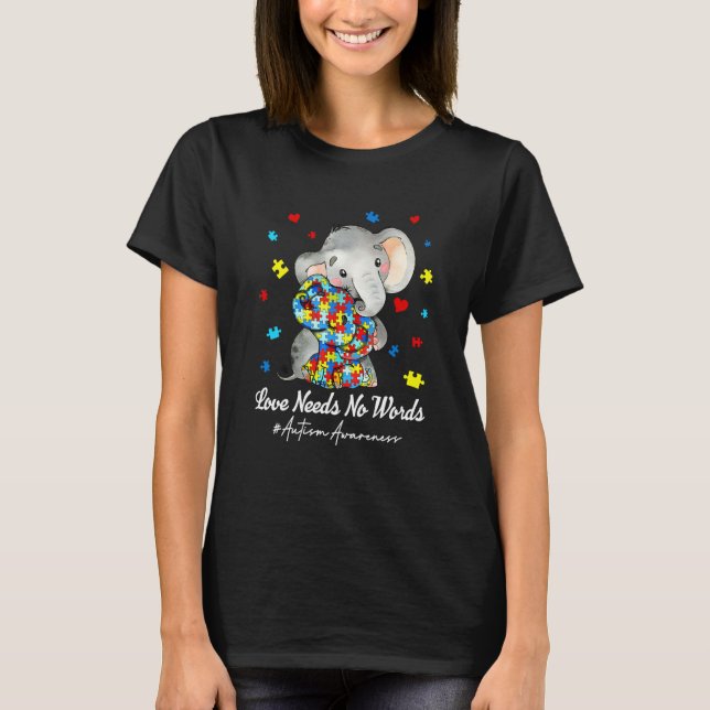 Elephant Love Needs No Words Autism Awareness Puzz T Shirt (Framsida)