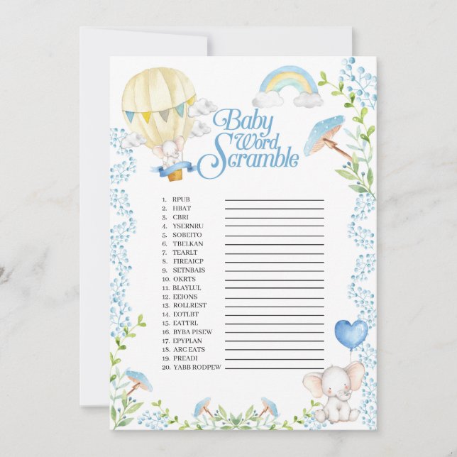 Elephant Luftballong Baby Ord Scramble Game Inbjudningar (Framsida)