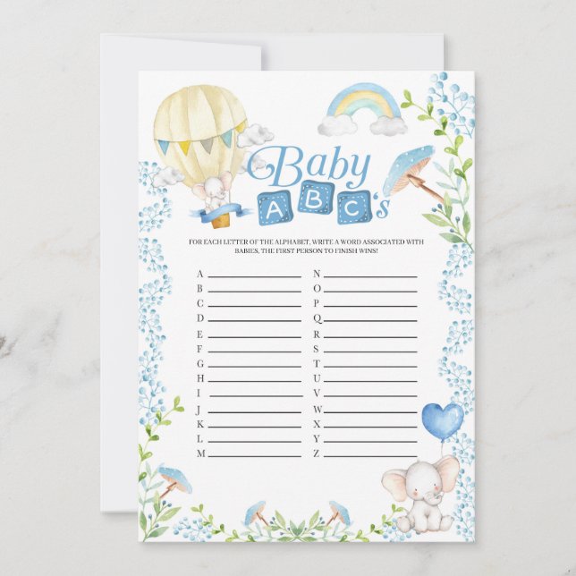 Elephant Luftballong Baby Shower ABC's Game Inbjudningar (Framsida)