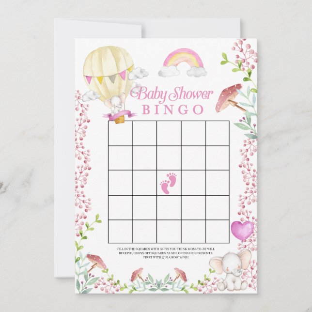 Elephant Luftballong Baby Shower Bingo Game Inbjudningar (Framsida)