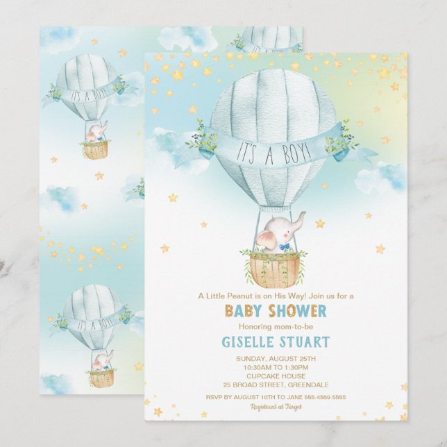 Elephant Luftballong Baby Shower Boy Stollig Inbjudningar (Fram/baksida)