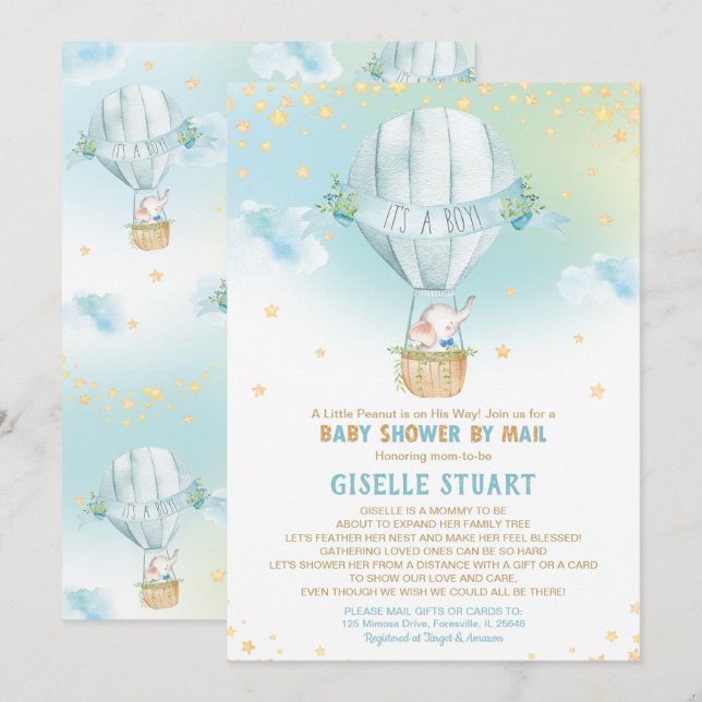 Elephant Luftballong Baby Shower by Mail Boy Inbjudningar (Fram/baksida)
