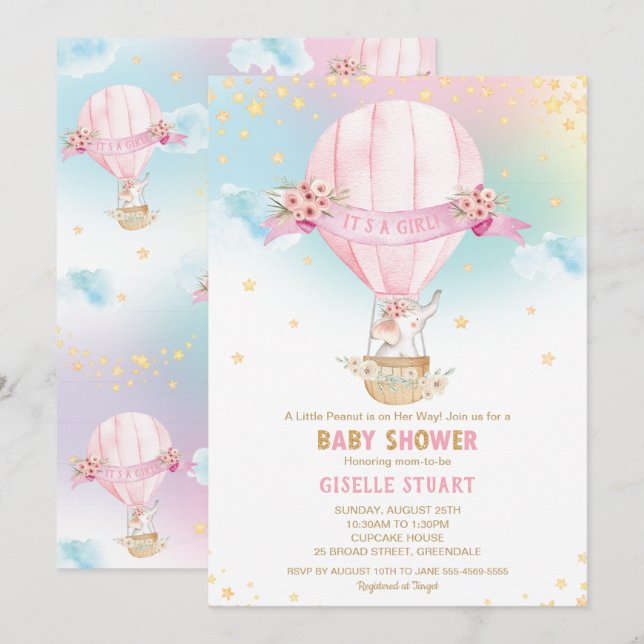Elephant Luftballong Baby Shower Girl Inbjudningar (Fram/baksida)