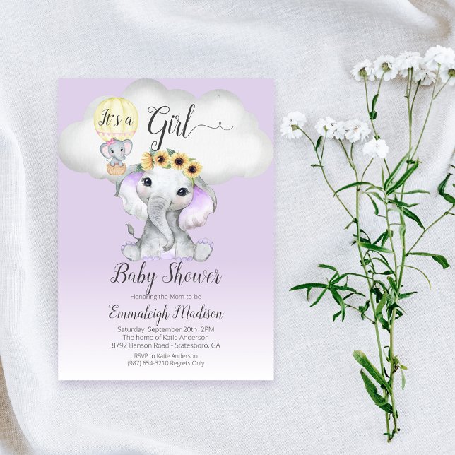 Elephant Luftballong Girl Baby Shower | LILA Inbjudningar (Skapare uppladdad)