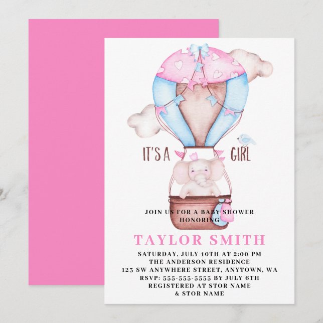 Elephant Luftballong Watercolor Baby Shower Inbjudningar (Fram/baksida)