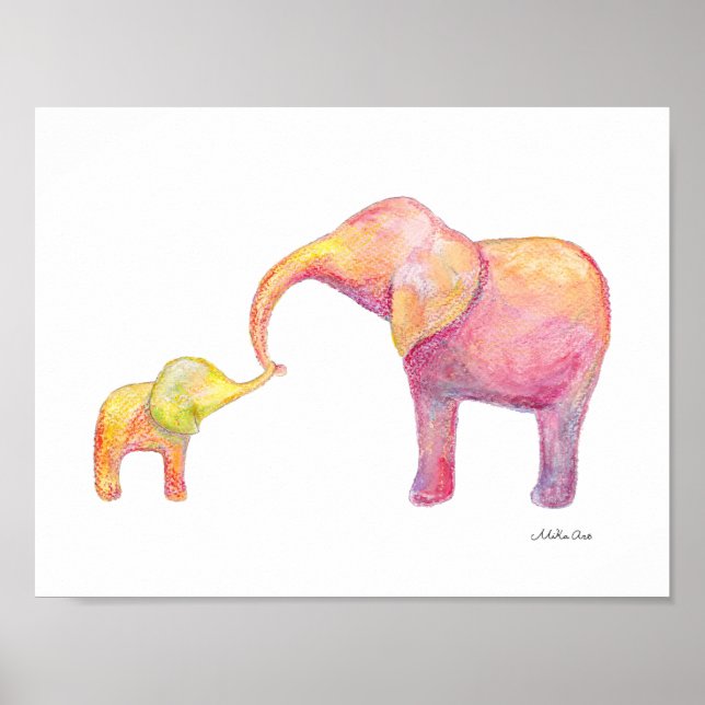 Elephant Mamma & Baby Nursery Art Watercolor Anima Poster (Framsidan)