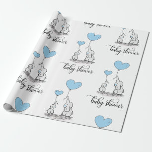 Elephant Mamma & Baby Shower Blue Grått White Boy Presentpapper