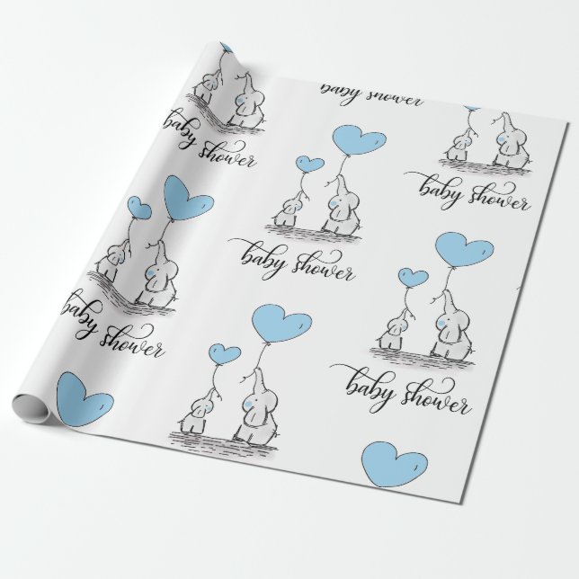 Elephant Mamma & Baby Shower Blue Grått White Boy Presentpapper (Utrullad)