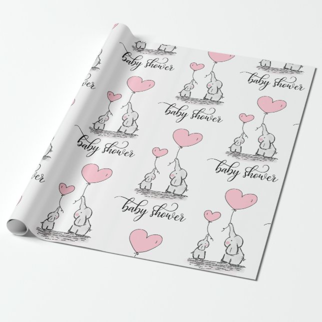 Elephant Mamma & Baby Shower Rosa Grått White Girl Presentpapper (Utrullad)