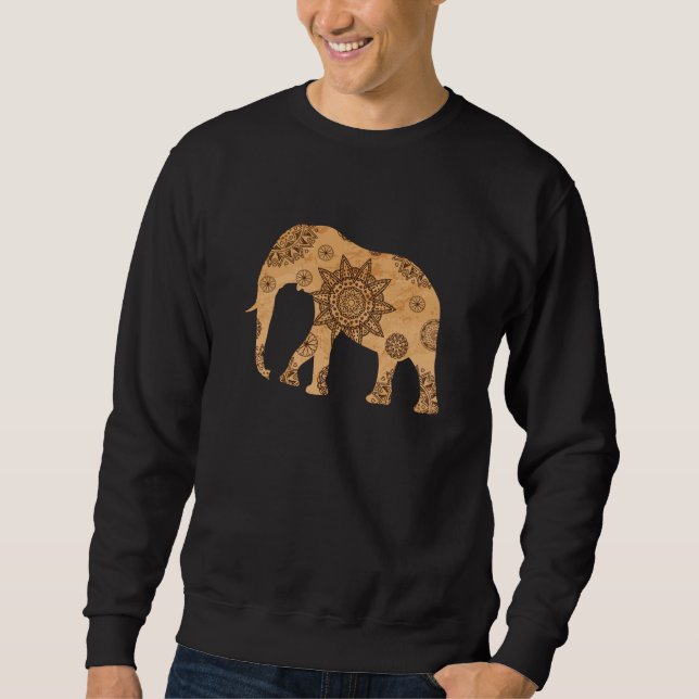 Elephant Mandala Andlig Mönster Guld Shadow Lång Ärmad Tröja (Framsida)