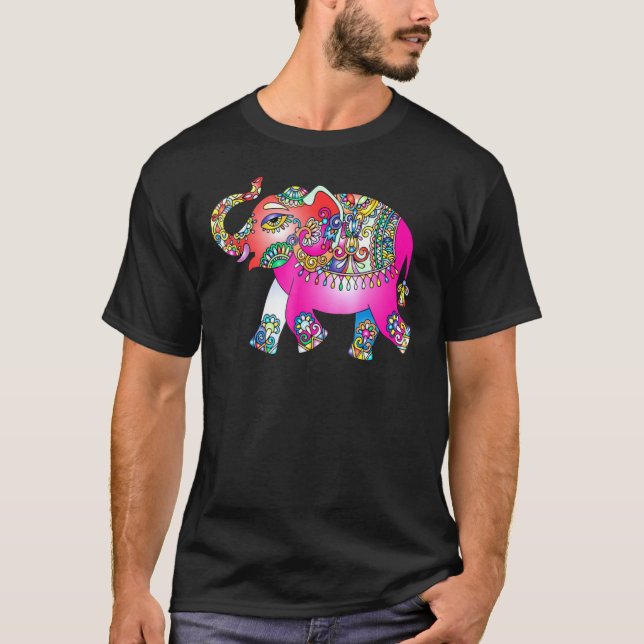 Elephant Mandala - Colorful Rainbow Psychedelic T Shirt (Framsida)