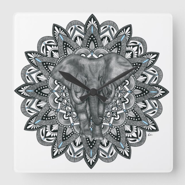 Elephant mandala Wall Clock Fyrkantig Klocka (Framsida)