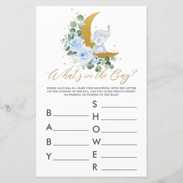 Elephant Måne Blue Blommigt What's in the Bag Game (Framsida)